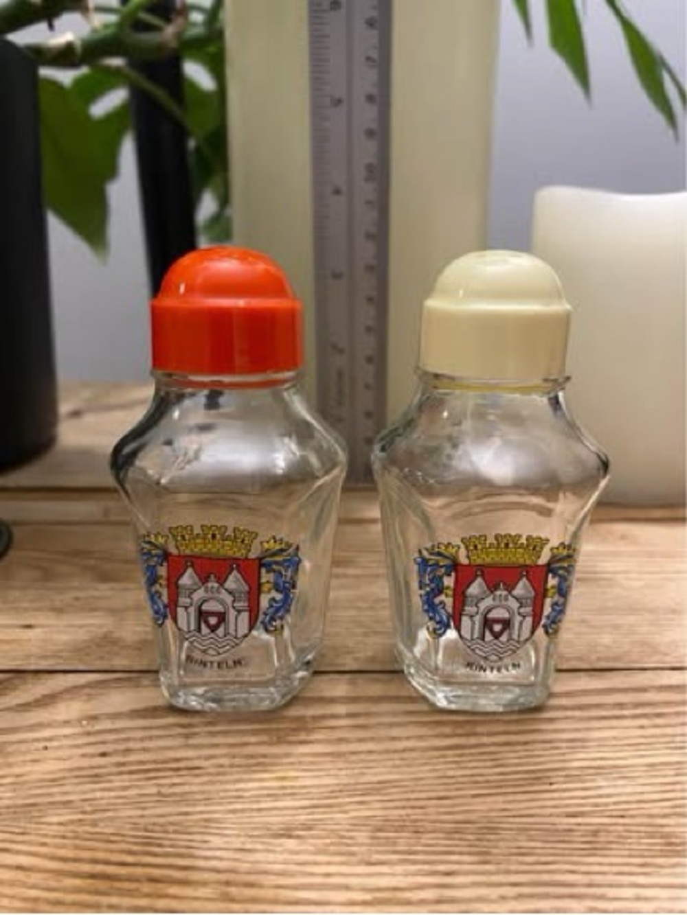 Vintage Rinteln Germany Glass Salt & Pepper Shakers Coat of Arms Souvenir Set